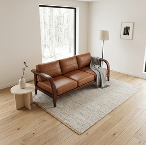 Brown Faux Leather Three Seat Sofa with Padded Arms Foam Modern Design Solid <b>Oak</b> <b>Frame</b> for Living Room - Product Image 5