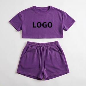 2024 <b>Women's</b> Custom Logo Summer Sports Jogging Two-Piece <b>Set</b> Crop Tank Top <b>Short</b> Sleeve <b>T</b>-<b>Shirt</b> <b>Shorts</b> Solid 100% Cotton - Product Image 5