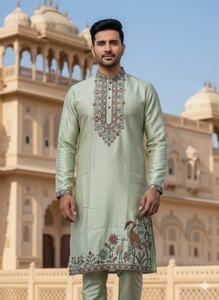 <b>Men's</b> Light Green Embroidered Soft <b>Silk</b> <b>Pajama</b> Traditional Indian Pakistani Wedding Festival Wear Regular Fit Quick Dry - Product Image 4