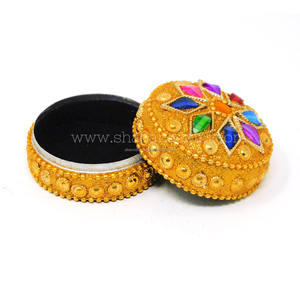 Boîte à bijoux artisanale en laque perlée pour emballage cadeau de luxe, boîte à dragées de mariage, boîte à pilules ronde dorée - Product Image 3