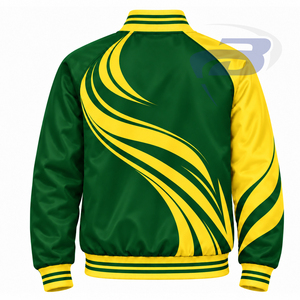 Chaqueta universitaria de satén verde y amarillo con contraste para mujer Chi Eta Phi, bordada con letras griegas, cuello y puños de punto a rayas, ropa exterior - Product Image 2