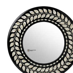 Espejo de Pared Redondo Negro de Lujo con Incrustaciones de Hojas de Madreperla Hechas a Mano y Elegante Borde Botánico - Product Image 2