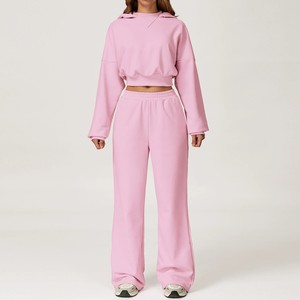 Conjunto de chándal rosa con capucha para mujer, de manga larga, corte holgado, color liso, sudadera informal y pantalones de pierna ancha, para otoño, con lavado ácido. - Product Image 1