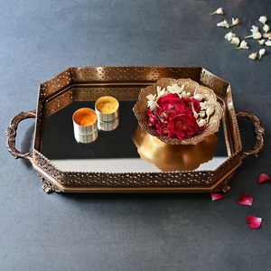 Pure Brass Rectangular Mirror Tray Vintage Gold Mirrored <b>Vanity</b> Mirror Tray Decorative Perfume and <b>Makeup</b> Organizer with Handles - Product Image 5