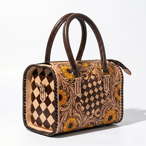 Hand <b>Tooled</b> Genuine <b>Leather</b> Sunflower Handbag Western Style Woven Design Cowhide <b>Leather</b> Speedy Bag for Women - Product Image 2