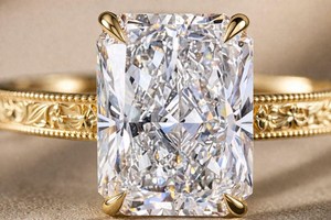 Radiant Cut <b>Diamond</b> Gold Promise <b>Ring</b> with Bezel Setting and Vintage Scroll Engraving Luxury Christian Wedding <b>Ring</b> - Product Image 3
