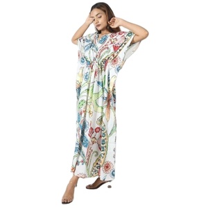 Vestido maxi de caftán de algodón hecho a mano para mujer, ropa de playa con estampado de pájaro ecológico con estilo dulce, longitud Midi, función lavable - Product Image 2