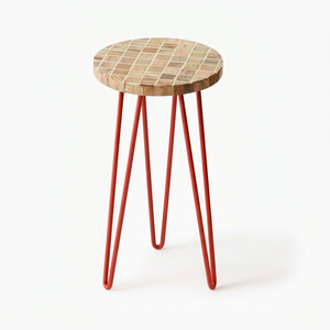 Mesa Auxiliar Decorativa con Tapa de Parqué de Madera Hecha a Mano, Diseño Personalizado OEM ODM, y Patas de Horquilla Rojas DECORYUG - Product Image 1