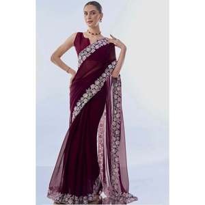 Sari de soirée de créateur avec des paillettes et des broderies de fils séduisantes - Product Image 4