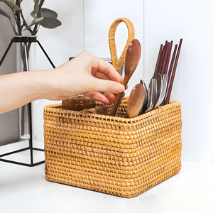 Square rattan <b>utensil</b> <b>holder</b> caddy basket flatware section container woven silverware <b>holders</b> - Product Image 5