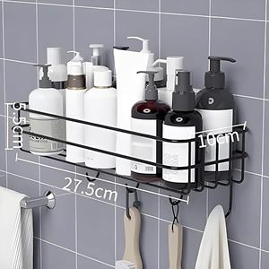 Étagère de rangement murale en métal pour salle de bain avec crochets, double niveau, support auto-adhésif pour articles de toilette, design minimaliste - Product Image 3