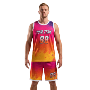 Ensemble uniforme de basketball pour hommes, maillot sans manches et short assorti, imprimé dégradé effet éclaboussures de peinture, kit personnalisé avec nom et numéro d'équipe, 100% coton - Product Image 1