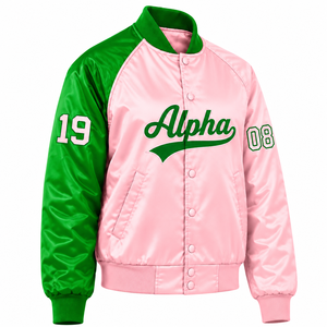 Alpha |   Kapa |   Veste universitaire en satin contrastant vert et rose pour femme Alpha Sorority, avec boutons-pression sur le devant, col et poignets en tricot côtelé, vêtement d'extérieur - Product Image 4