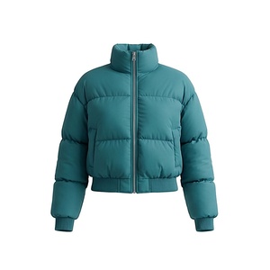 Blouson matelassé court pour femme, coupe-vent, col montant, manches longues, rembourrage polyester, fermeture éclair, couleur turquoise - Product Image 1