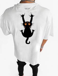 ONETEN APPAREL เสื้อยืดคอกลมแขนสั้นผู้ชายสีขาวพิมพ์ลายการ์ตูนแมวดำ - Product Image 3