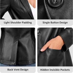 Blazer en similicuir coupe ajustée pour femme, veste de costume à revers, manteau élégant aspect cuir pour le bureau et les événements - Product Image 3