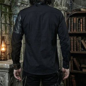 Gothic Shirt <b>Men</b> Black Leather Panel <b>Studded</b> Snap Button Top Steampunk Dark <b>Mens</b> Goth Punk Collared Shirts - Product Image 4