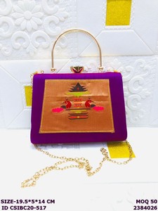 Handmade Silk Embroidered Clutch Bag with Metal <b>Frame</b> Handle | Ethnic Designer Peacock Motif Bridal Party Handbag for Women - Product Image 6