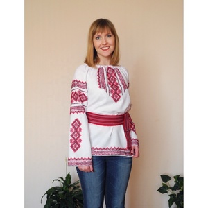 Ceinture tissée en satin pour femmes élégantes et filles, manches complètes, beau design floral, broderie rouge, logo personnalisable, haut blanc naturel - Product Image 3