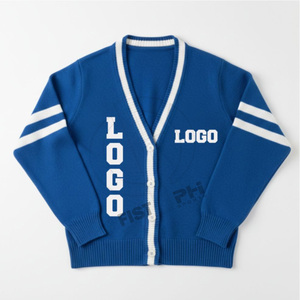 Cardigan en tricot bleu personnalisé avec logo blanc imprimé, manches longues, col rond, pull décontracté pour femme, longueur standard, rayé - Product Image 1