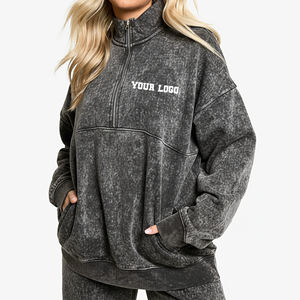 Sweat-shirt pour femme à col montant et fermeture éclair quart, en coton biologique épais délavé à l'acide, idéal pour l'hiver – Prix de gros - Product Image 4