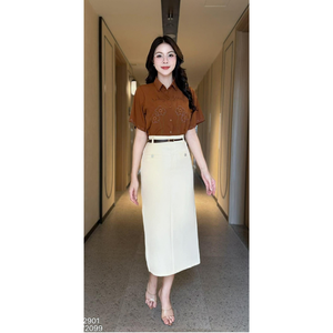 Vêtements écologiques pour femmes, chemise à manches courtes avec broderie florale, haut uni décontracté pour le bureau, toutes saisons, pour le travail - Product Image 3