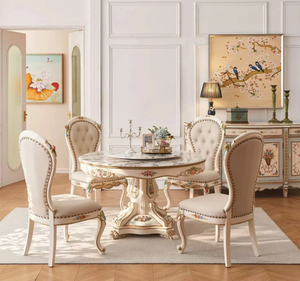 ชุดโต๊ะรับประทานอาหารทรงกลมไม้สักแท้สุดหรู ดีไซน์ฝรั่งเศส เฟอร์นิเจอร์สำหรับรับประทานอาหาร เหมาะสำหรับโรงแรม อพาร์ตเมนต์ ผลิตในอินโดนีเซีย - Product Image 1