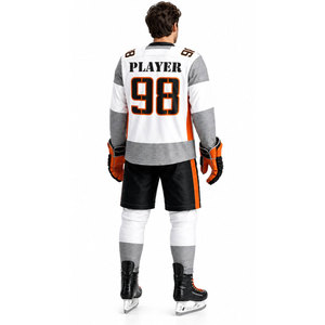 Jersey de Hockey sobre Hielo para Hombre, Blanco, Gris y Naranja, Manga Larga, Sublimado, Absorbente de Humedad, Corte Regular, Uniforme para Equipo Adulto - Product Image 4