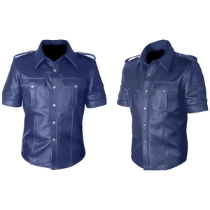 Chemise à manches courtes en cuir PU pour homme, col rabattu, couleur unie, veste décontractée d'hiver avec poches, coupe ajustée, logo sur le devant - Product Image 5