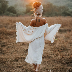 ชุดกิโมโนแขนกว้าง เสื้อคลุมสไตล์โบฮีเมียน ทูนิคโบโฮ ชุดคลุมงานแต่งงาน ผ้าฝ้ายดิบ ชุดคลุมสไตล์ยิปซี ชุดสำหรับงานเทศกาล ชุดชายหาด - Product Image 3