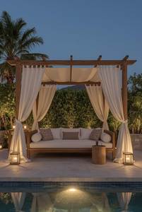 Teak Wood Canopy Daybed with Curtains <b>Memory</b> <b>Foam</b> <b>Cushions</b> Modern Mediterranean Outdoor Sofa with Back for Villa Poolside - Product Image 2