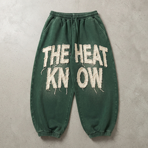 Distressed Embroidered Woolen High Waist <b>Drawstring</b> Sweatpants Men's Vintage Straight Leg Winter Washed Jogger - Product Image 1