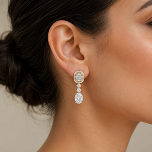 18K Yellow Gold Halo Emerald Cut Lab Grown Diamond DEF VVS Oval Cut <b>Drop</b> Dangle Push <b>Back</b> Earrings Bridal Wedding Fine Jewelry - Product Image 2