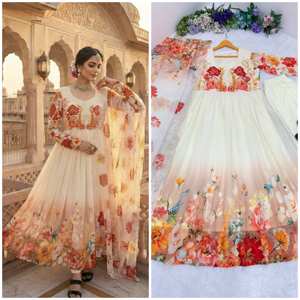 <b>women</b> floral georgette floor length gown with pant and digital printed taby silk dupatta <b>vintage</b> woven denim look ethnic <b>dress</b> - Product Image 3