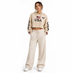 Women Cropped Hoodie USA Flag Print Beige Pullover Sweatshirt Long Sleeve Casual Streetwear Crop <b>Top</b> Hoodie - Product Image 3