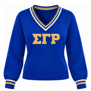 Pull personnalisé pour femme à col en V, manches longues, tricoté, avec col et poignets côtelés rayés, motif lettre personnalisé, style décontracté universitaire - Product Image 1
