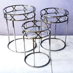 Metal Pipe & Clear Glass Top Accent Tray Tables With Shiny Polish Finishing Round Shape For Living Room Set of 3 Pieces