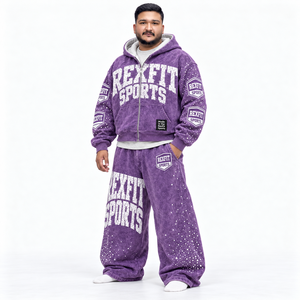 Ensemble assorti violet délavé avec veste zippée et pantalon large décontracté, survêtement unisexe personnalisé en polaire respirante pour l'hiver, style streetwear - Product Image 3