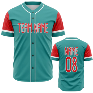Teal Red Baseball Jersey Short Sleeve Button Up Custom Team Uniform Breathable Polyester <b>Athletic</b> Sports Shirt - Product Image 1
