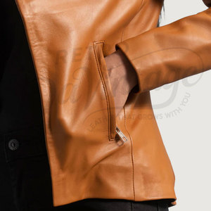 Women Tan Real <b>Leather</b> Biker <b>Jacket</b> with Quilted Shawl Collar Slim Fit Premium Sheepskin Asymmetric Casual Fashionable Blazer - Product Image 6