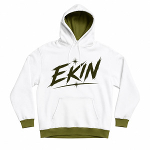 Sweat-shirt à capuche blanc pour homme <span class=keywords><strong>Ekin</strong></span> avec bordure vert olive et logo imprimé sur le devant, style décontracté, coupe classique, 100% coton French Terry - Product Image 1