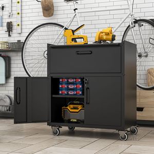 Durable 1-Drawer 2-Locking-Door Metal <b>Tool</b> Cabinet Sturdy Mobile Heavy Duty <b>Storage</b> with Wheels for Garage - Product Image 2