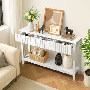 Consolle moderna in teak con 3 cassetti e ripiano aperto, tavolo stretto e lungo per ingresso, corridoio e foyer - Product Image 3