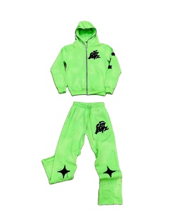 Neon Green Applique Embroidery Zip <b>Hoodie</b> Jogger Set Men Women Winter <b>Leopard</b> <b>Print</b> Streetwear Tracksuit Custom Logo Two Piece - Product Image 1