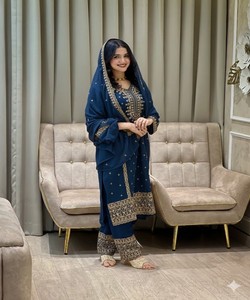 Boutique Collection Designer Kurti Sharara Dupatta <b>Set</b> Premium Fancy Ethnic Wear Boutique Fashion 81038 ASTHA- AC-7084 7094 Blue - Product Image 1