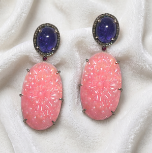 Pendientes Colgantes de Plata de Ley con Diseños Florales, Tallado Natural de Tanzanita, Cuarzo Rosa y Diamantes, para Mujer - Joyería para Regalo y Fiesta - Product Image 2