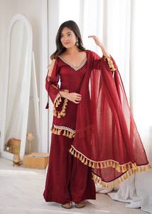 Burgundy Ethnic <b>Shawl</b> Tassel Border Sheer Scarf Dupatta for <b>Wedding</b> Festival Apparel - Product Image 3