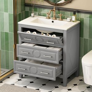 Mobile Bagno Autoportante con Struttura in Legno Massello, Lavabo Singolo da 30 Pollici con 3 Cassetti, Lavabo in Ceramica, Armadietto Contenitore da Bagno da 30 Pollici - Product Image 2