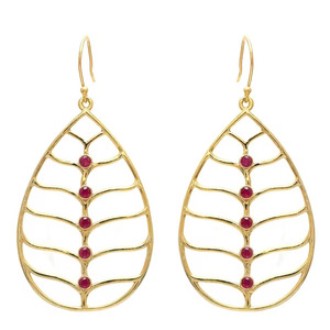 Big Teardrop Feather Style Gold Plated Brass Ruby <b>Earrings</b>, Pink gemstone statement pair for girlfriend gift - Product Image 1