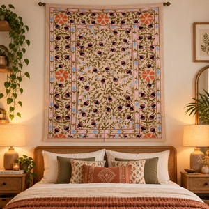 Drap de lit en coton Suzani fait main par un artisan, beige olive mocha, broderie florale, style ethnique indien bohème, couvre-lit pour la maison - Product Image 5